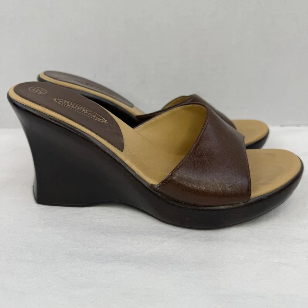 Y2K Lower East Side Brown Wedge Sandals Platform Slide Heels Vintage Womens 6.5